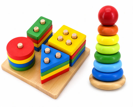 Wooden Rainbow Stacking & Shape Sorting Set – Montessori-Inspired Learning Toys
