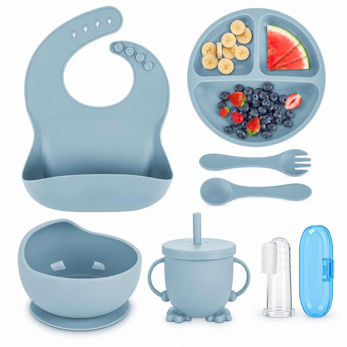 8-Piece Baby Feeding Gift Set, Toothbrush with Cover, BPA-Free, Food-Grade silicone