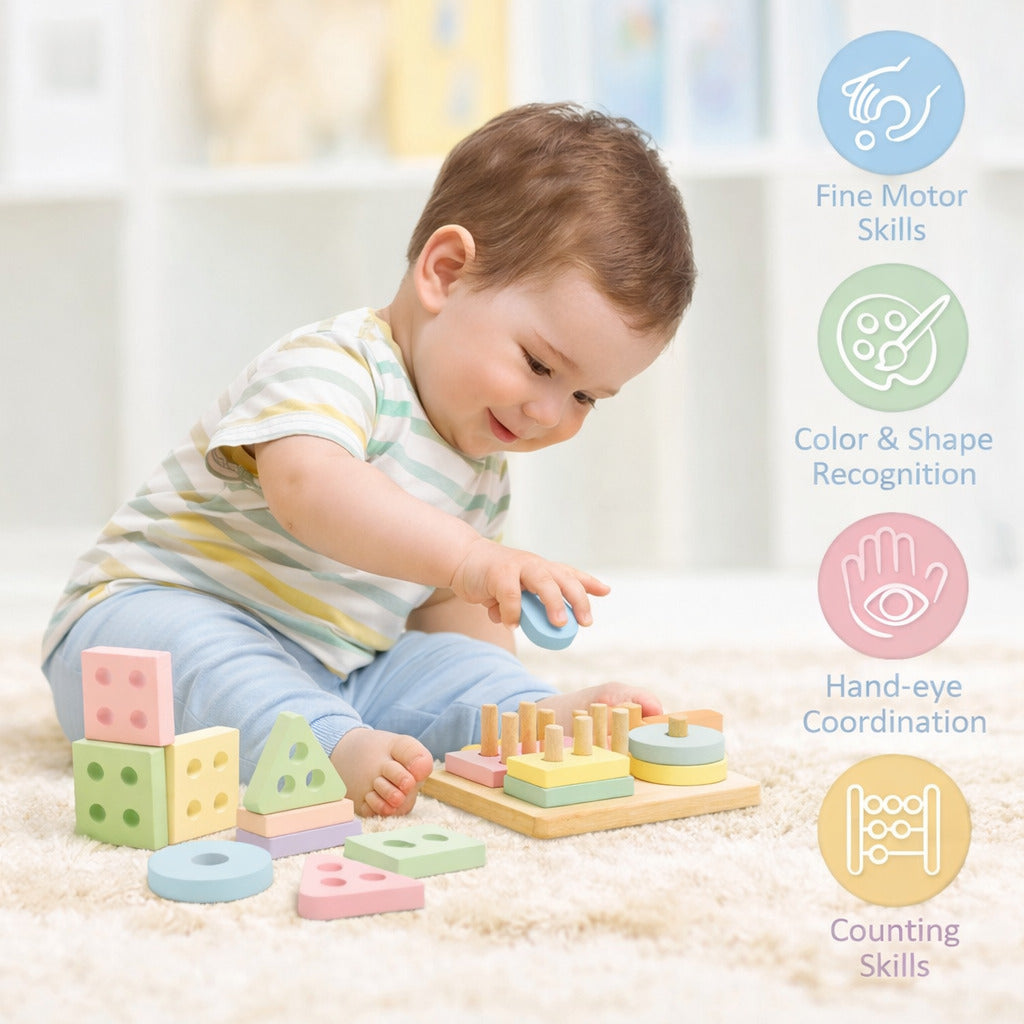 Wooden Square Shape Sorting & Stacking Board, Montessori-Inspired Learning Toy