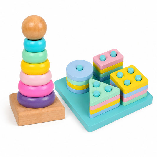 Pastel Wooden Stacking & Shape Sorting Toys – Montessori-Inspired Learning Set (Pack of 2)