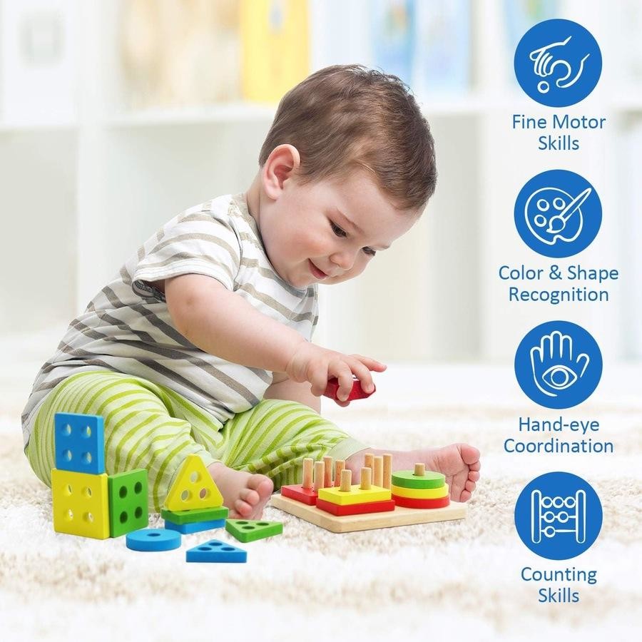 Wooden Square Shape Sorting & Stacking Board, Montessori-Inspired Learning Toy
