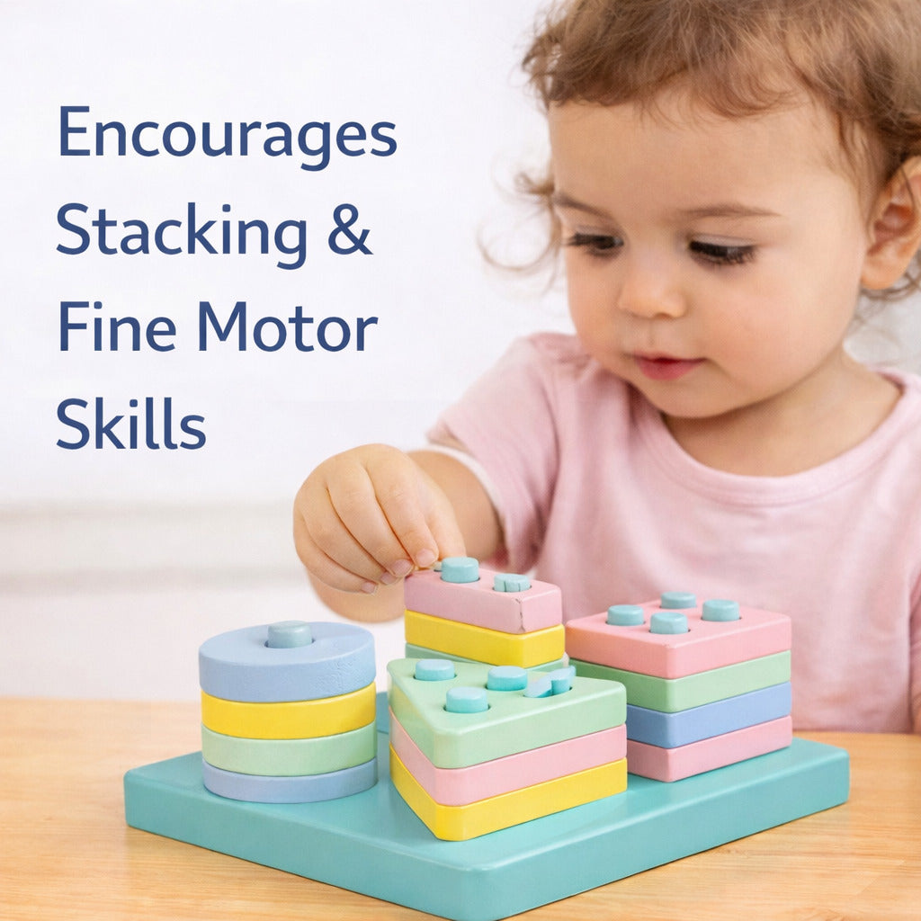 Wooden Square Shape Sorting & Stacking Board, Montessori-Inspired Learning Toy