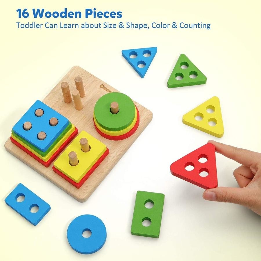 Wooden Square Shape Sorting & Stacking Board, Montessori-Inspired Learning Toy