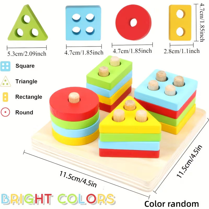Wooden Square Shape Sorting & Stacking Board, Montessori-Inspired Learning Toy