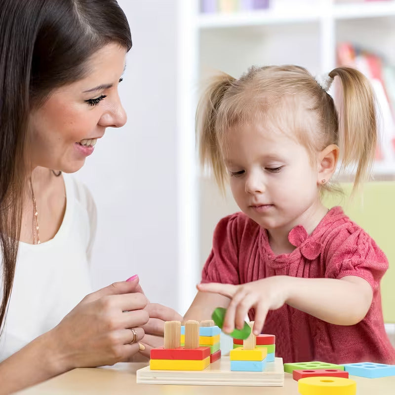 Wooden Square Shape Sorting & Stacking Board, Montessori-Inspired Learning Toy