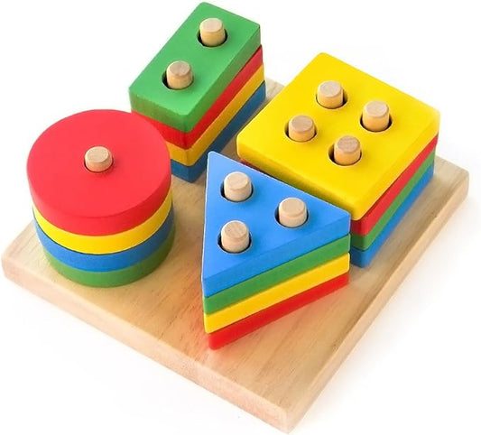 Wooden Square Shape Sorting & Stacking Board, Montessori-Inspired Learning Toy